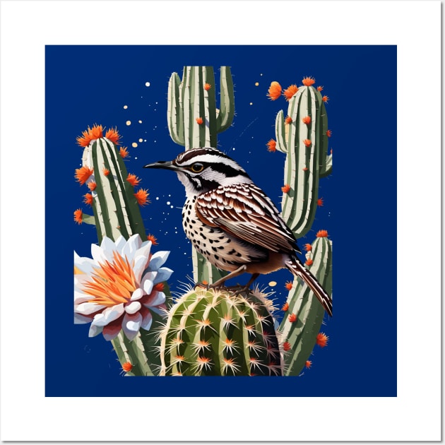 Cactus Wren Surrounded By Saguaro Cactus Blossom Wall Art by taiche